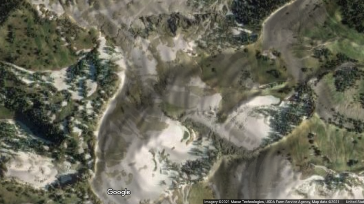 An avalanche on the Salt River Range in Wyoming killed a snowmobile rider with a group, officials say. Screengrab from Google.