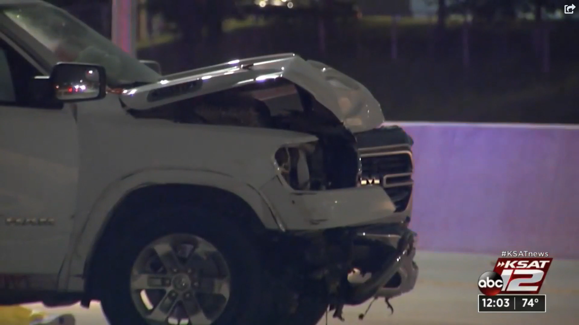 San Antonio police found a dead man and an unconscious woman who had been shot in the face inside a pickup truck that crashed near a highway.