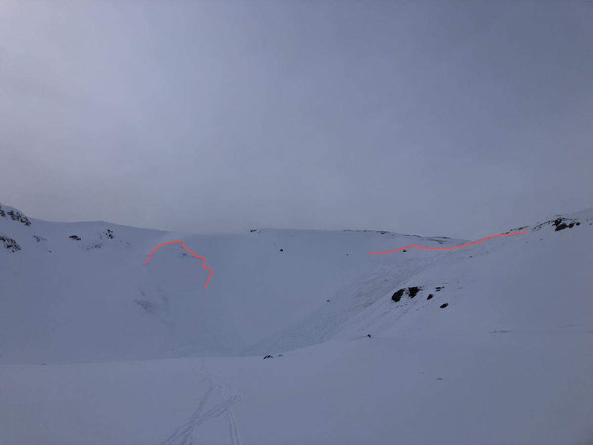 “The red lines mark the crown face of the two avalanches,” state officials wrote in a preliminary report on the slides. The skiers “triggered the avalanche on the right and the avalanche on the left released sympathetically.”