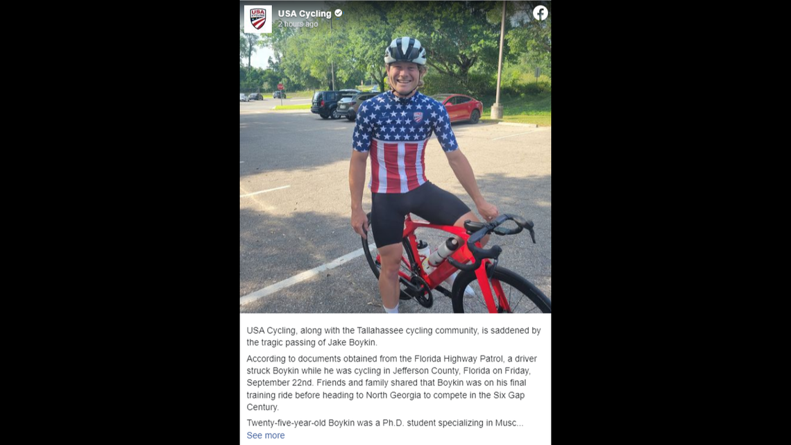 A 25-year-old cyclist was killed in a hit-and-run Sept. 22 in Tallahassee, Florida officials say.