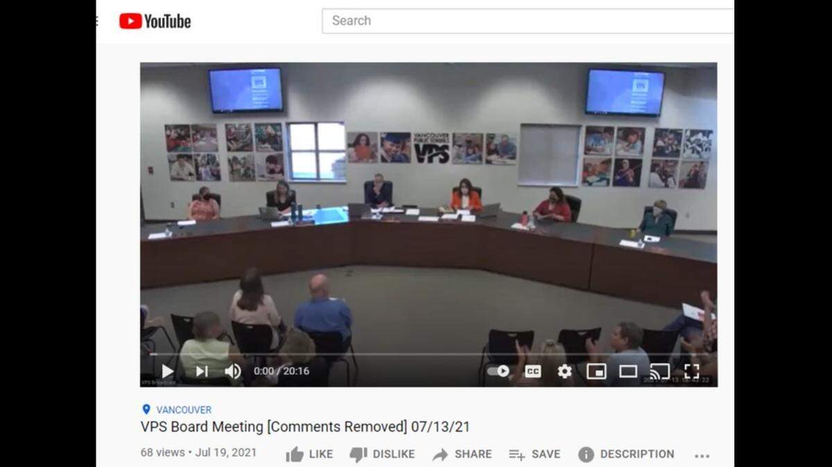 The Vancouver Public Schools Board of Directors re-uploaded a video of its July 13 meeting without the public comment portion after YouTube removed the original video July 17 because audience members spread disinformation about masks and the COVID-19 vaccine.