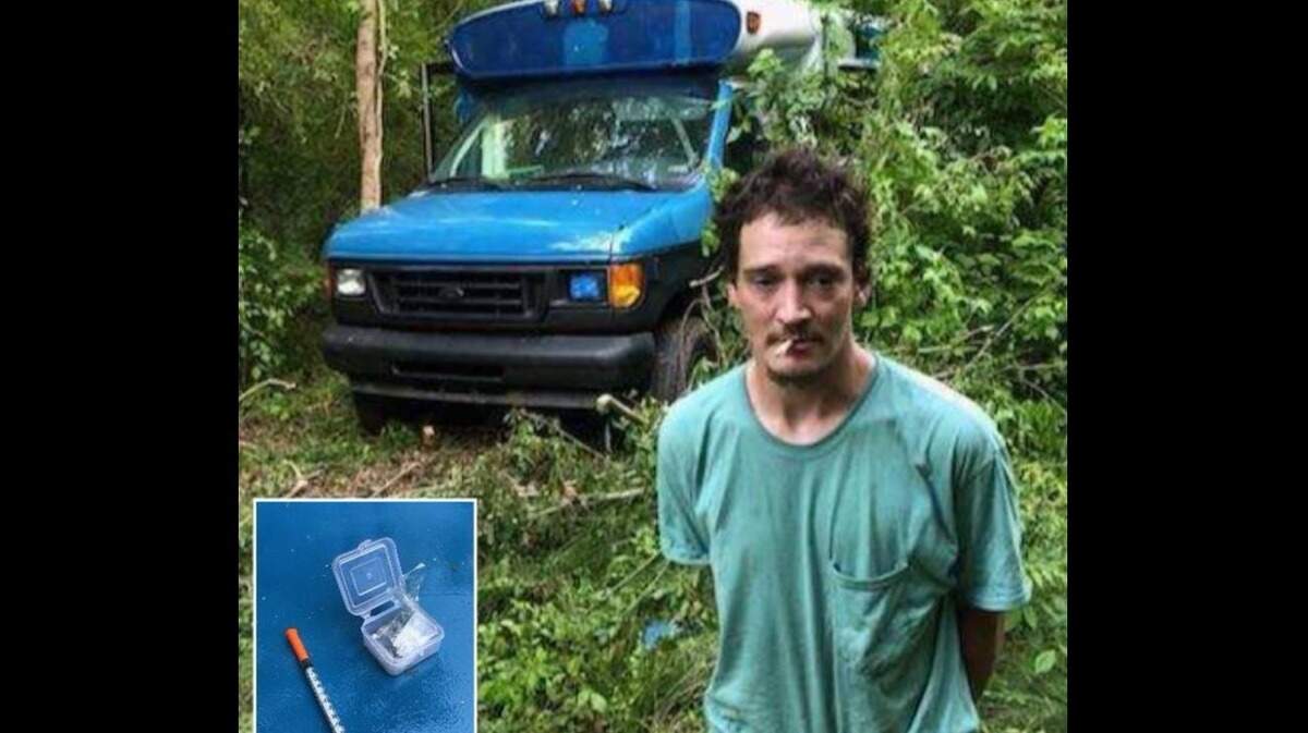 A South Carolina fugitive was arrested Thursday after Berkeley County sheriff’s deputies say they found him in possession of meth in a stolen school bus that had been spray-painted blue.