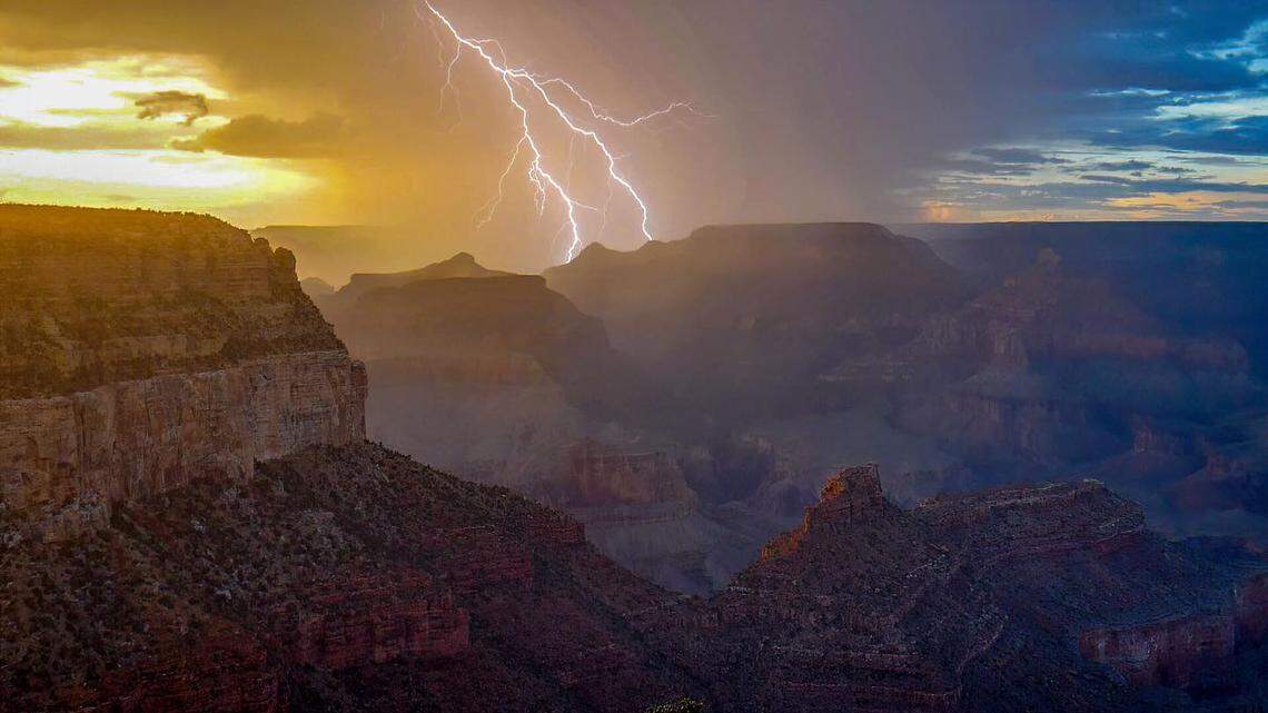 A thunderstorm rolled through the Grand Canyon at sunset Tuesday.
