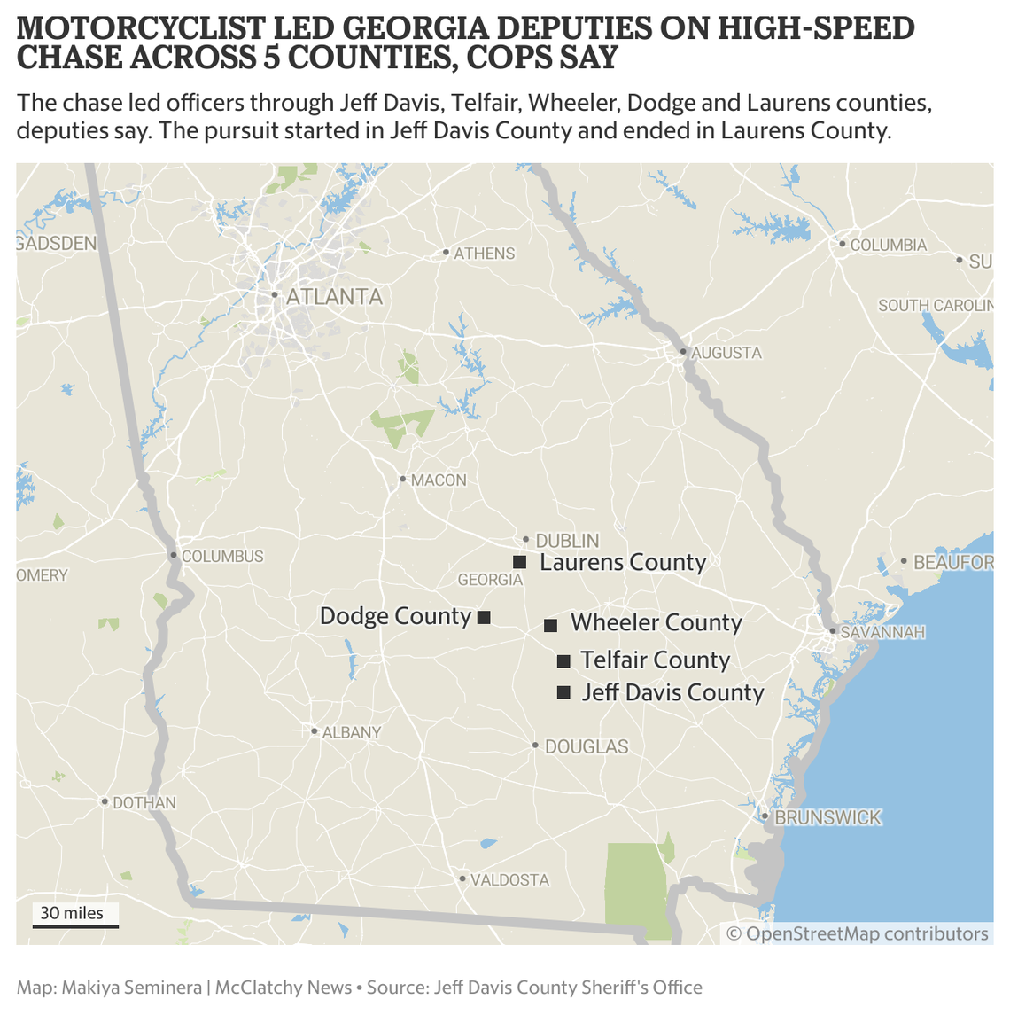 A map showing which counties deputies say the motorcyclist chase went through on Oct. 9.