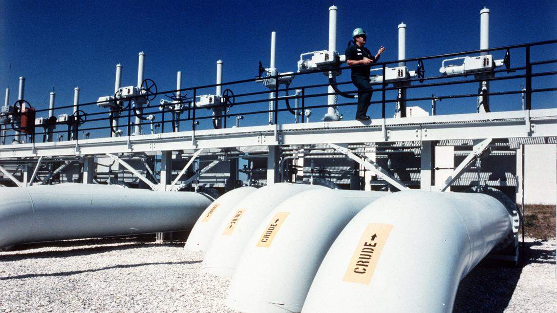 St. James Terminal, a marine unloading and distribution point for crude oil, a U.S. Department of Energy owned site located southwest of Baton Rouge, La., on the Mississippi River, is shown in 1990. This pipeline serves the U.S. Strategic Petroleum Reserve (SPR), which is the largest stockpile of crude oil in the world, developed to diminish the impact of oil disruption emergencies. (AP Photo/U.S. Department of Energy)