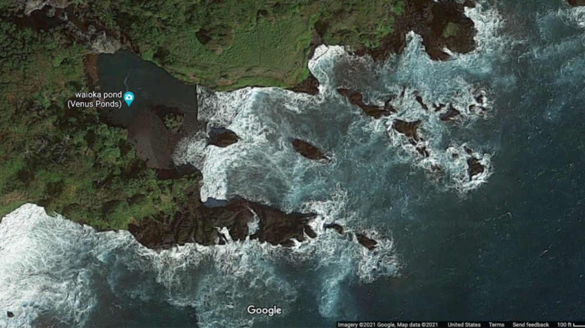 A Vista, California, woman swimming in a natural pool died after she was swept out to the ocean by flash flooding on the Hawaiian island of Maui, officials say. Screengrab from Google.