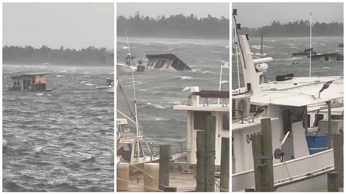 Boaters helped rescue a group of people who became stranded when their houseboat started sinking off of Panama City, Florida, video shows.