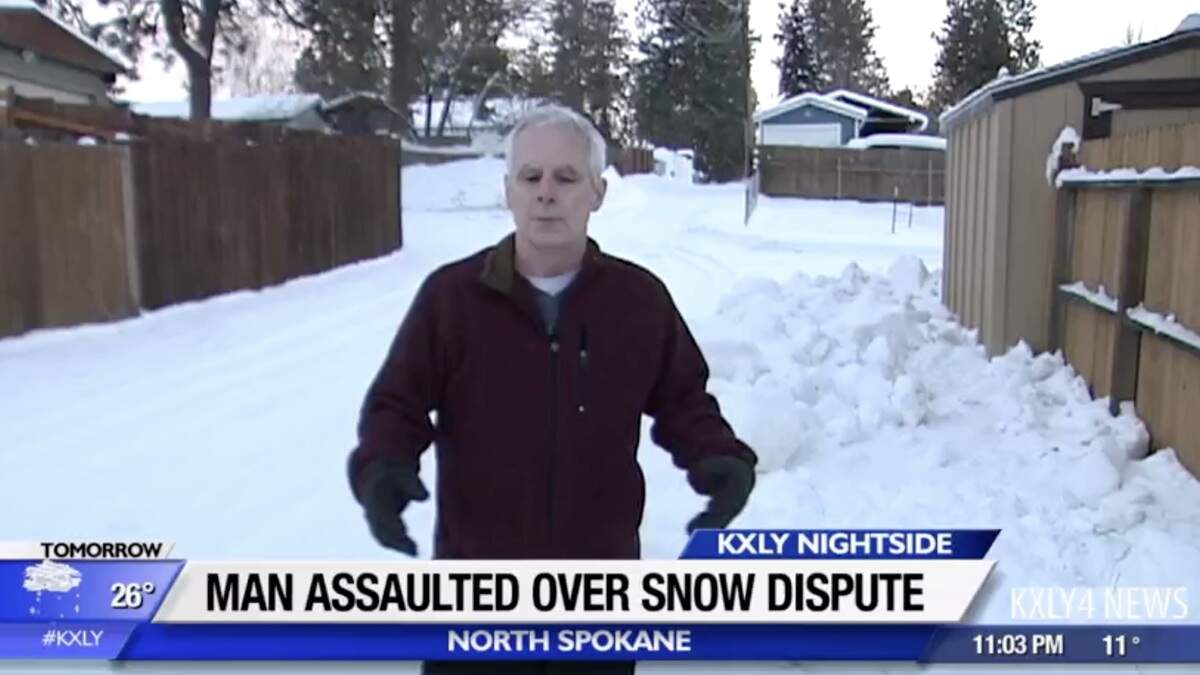 Spokane, Washington, police said a snow removal fight escalated when Mark Robertson, 66, pictured here, put a shovel in front of his snowblowing neighbor’s snowblower and tipped it over, and the neighbor tackled him.