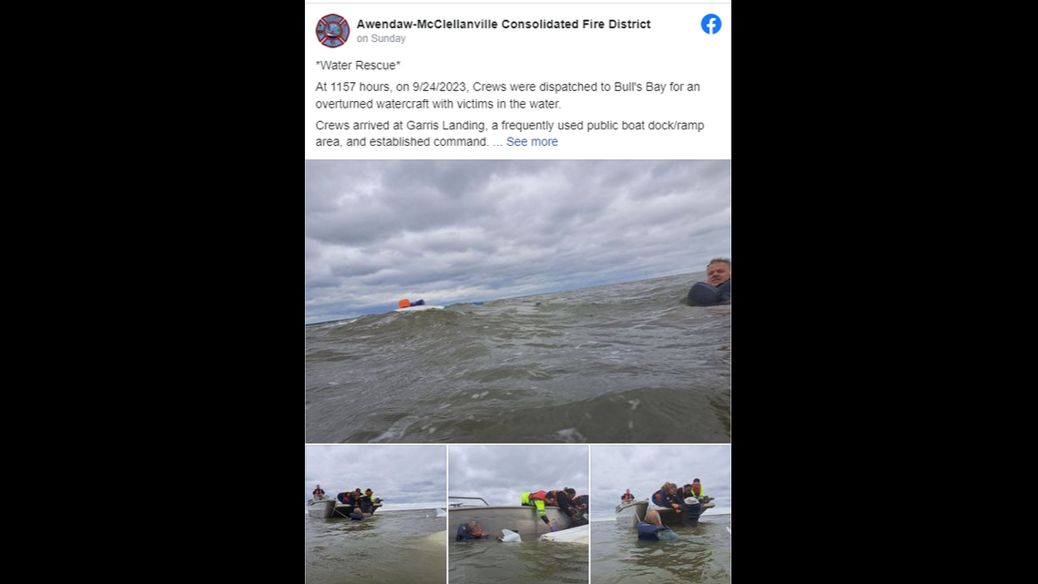 South Carolina emergency personnel responded to a report that three people were in the water after their boat overturned.