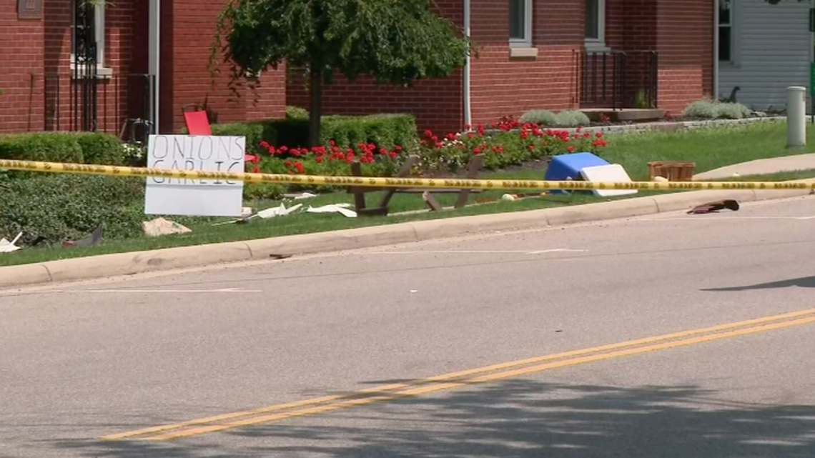A driver hit a mom and daughter operating a produce stand in Lithopolis, Ohio, and the girl died in the vehicle crash, state Highway Patrol said. Screengrab from WBNS.