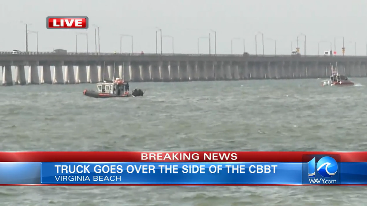 Crews were searching for the driver of a semi-truck the day after it fell off the Chesapeake Bay Bridge-Tunnel, according to the Coast Guard.