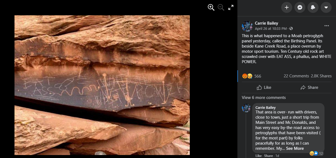 Petroglyphs at Birthing Rock in Utah were covered in graffiti that says “white power” and other offensive language.