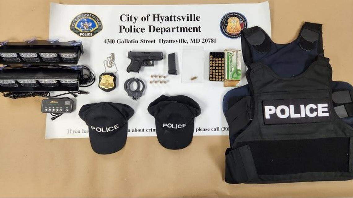 A 53-year-old Maryland man was arrested for reportedly posing as a police officer, police said. Above are the items that were found in his possession.