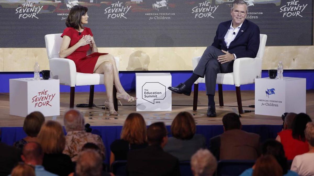 
Former Florida Gov. Jeb Bush lays out his educational platform during an education summit on Wednesday, Aug. 19, 2015, in Londonderry, N.H. 
