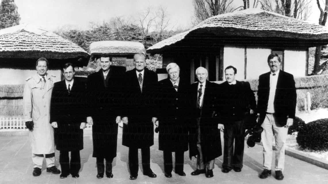 The late evangelist Billy Graham visited the birth place of leader Kim Il Sung in Pyongyang, North Korea on January 28, 1994 in this photo from North Korea’s official Korean Central News Agency, distributed by Korea News Service. Second from the left is Stephen Linton, who served as Graham’s translator and advisor on two trips and has continued to engage Pyongyang, and the U.S., on a campaign to help North Koreans suffering from tuberculosis.