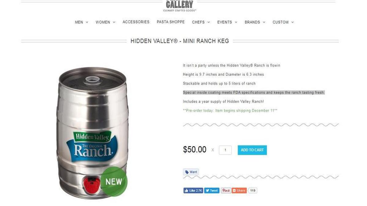 Screen shot of the website Flavourgalley.com, which is selling a five-liter mini keg of Hidden Valley Ranch Dressing.