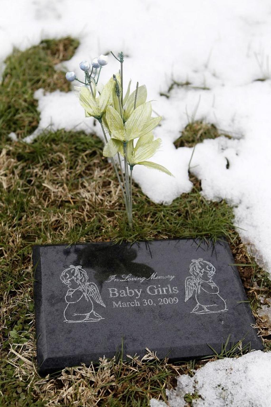 Grave marker of two baby girls, whose remains were discovered in a cemetery in Fayette Co. in 2009, but not buried until 2015, at Evergreen Memorial Gardens in Paris.