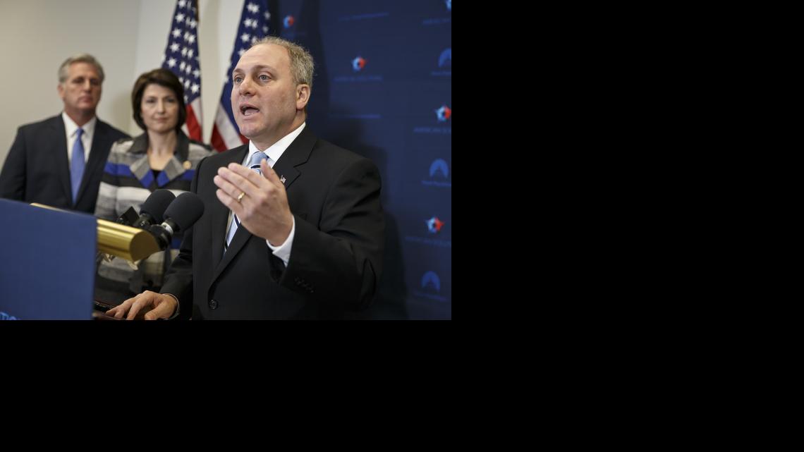 
In this Nov. 18, 2014 file photo, House Majority Whip Steve Scalise of La., right, with House Majority Leader Kevin McCarthy of Calif., left, and Rep. Cathy McMorris Rodgers, R-Wash., speaks to reporters on Capitol Hill in Washington, following a House GOP caucus meeting. Scalise acknowledged that he once addressed a gathering of white supremacists. Scalise served in the Louisiana Legislature when he appeared at a 2002 convention of the European-American Unity and Rights Organization. Now he is the third-highest ranked House Republican in Washington. 
