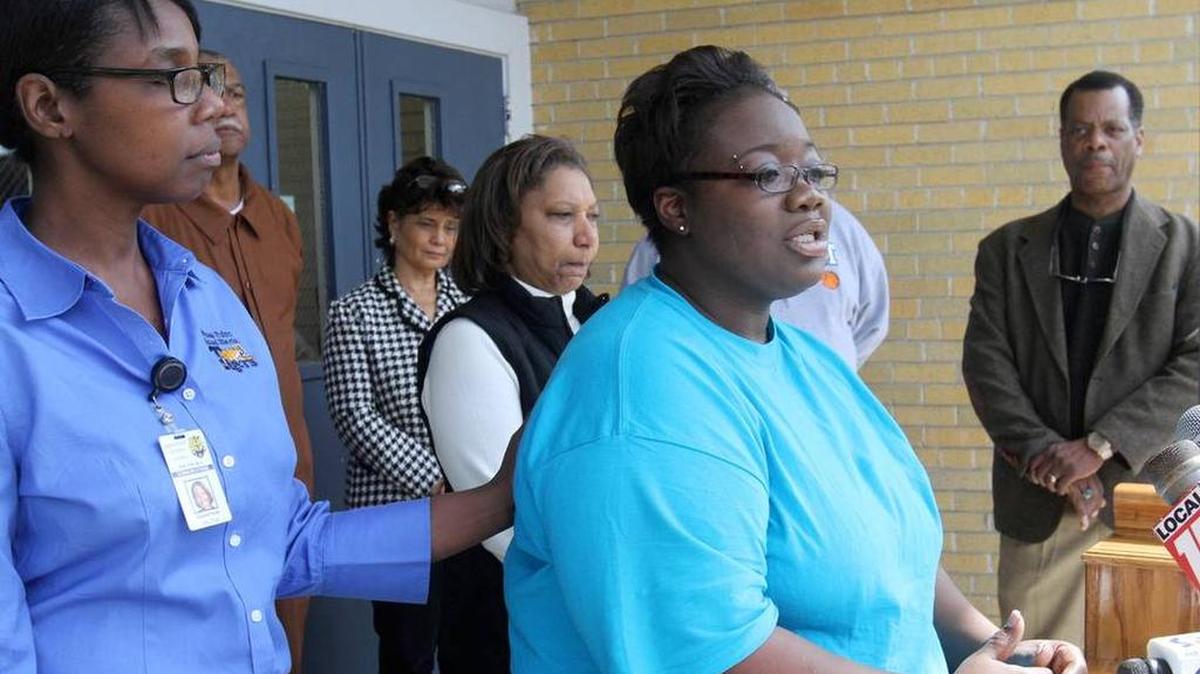 During a news conference on March 7, 2014, Lakenisa Nobles talks about the death of her son, Lorel Malone, 12. She and her husband have filed a lawsuit that claims he died because other students assaulted him the previous day at Magnolia Middle School, where he had been bullied for months.