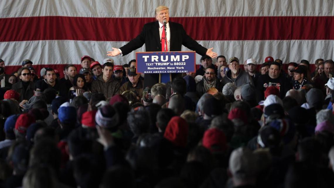 Republican presidential candidate Donald Trump speaks during a rally at JetSmart Aviation Services on Sunday, April 10, 2016, in Rochester, N.Y.