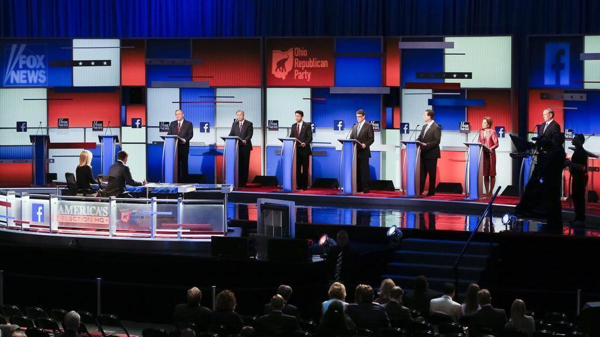 
From the “undercard” event: Republican presidential candidates from left, Jim Gilmore, Lindsey Graham, Bobby Jindal, Rick Perry, Rick Santorum, Carly Fiorina, and George Pataki participate in a pre-debate forum at the Quicken Loans Arena, Thursday, Aug. 6, 2015, in Cleveland. Seven of the candidates have not qualified for the primetime debate. (
