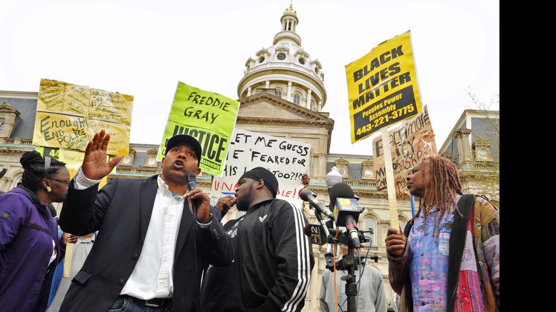 
Edward Brown speaks about Freddie Gray at a protest outside City Hall in Baltimore, Monday, April 20, 2015.  Gray suffered a fatal spine injury while under arrest. Six officers have been suspended, but investigators say they still don’t know how it happened.
