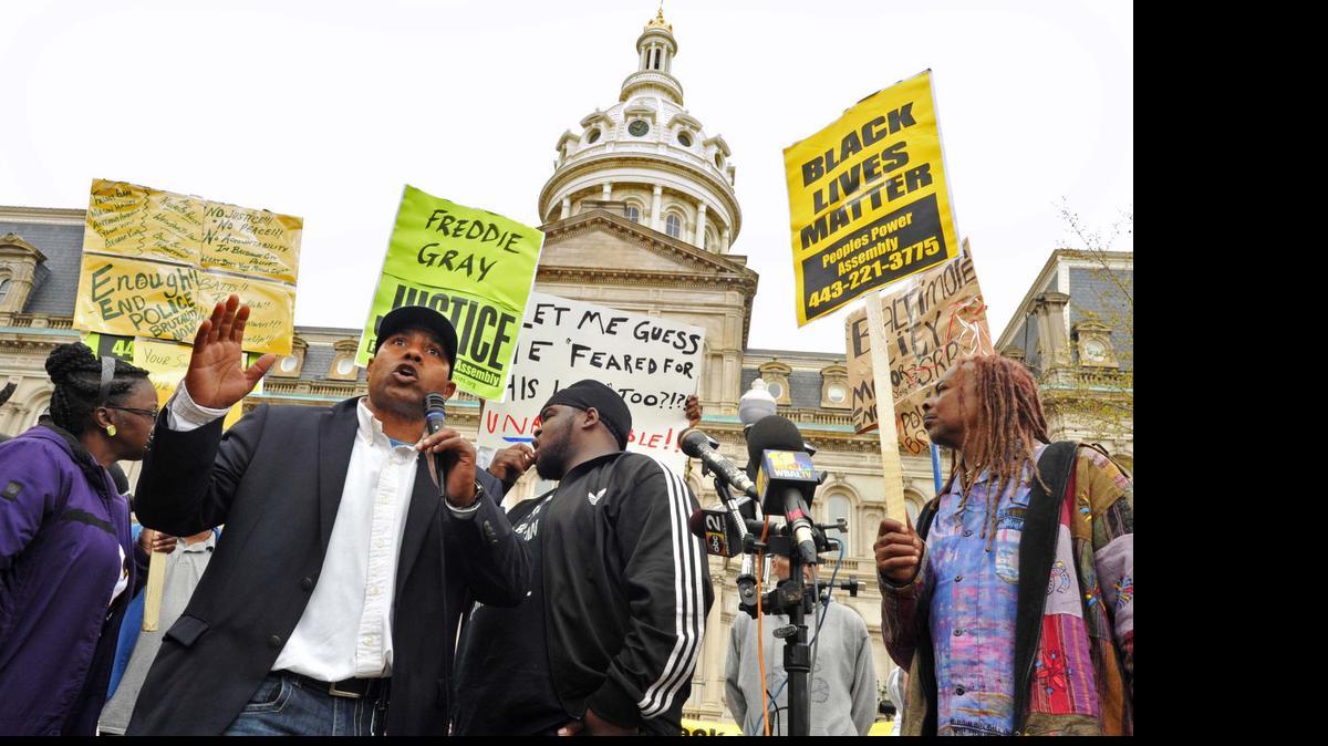 
Edward Brown speaks about Freddie Gray at a protest outside City Hall in Baltimore, Monday, April 20, 2015.  Gray suffered a fatal spine injury while under arrest. Six officers have been suspended, but investigators say they still don’t know how it happened.
