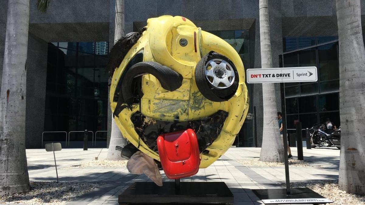 ‘The Last Emoji’ sculpture while it was on display outside 1200 Brickell Ave. It now can be seen at 571 NW 28th St. in Wynwood.
