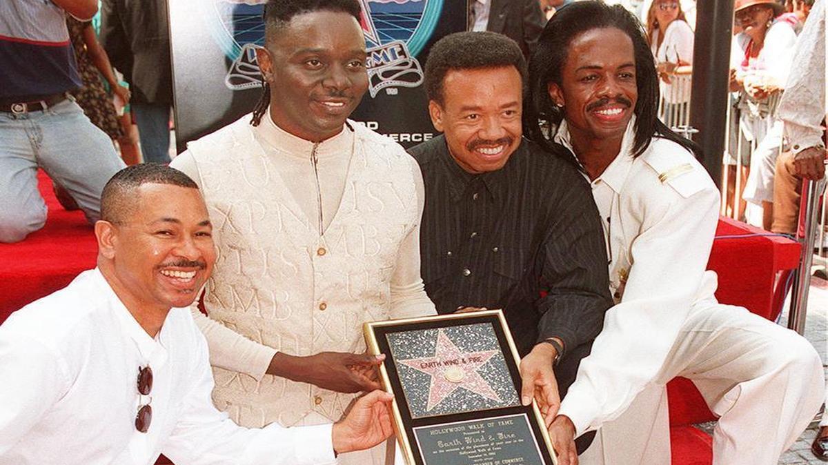 Ralph Johnson, left, Phillip Bailey, Maurice White and Verdine White, of Earth, Wind & Fire at their star on the Hollywood Walk of Fame in 1995. Maurice White, the founder and leader of Earth, Wind & Fire, died Feb. 3, 2016, said his brother, Verdine White. He was 74.