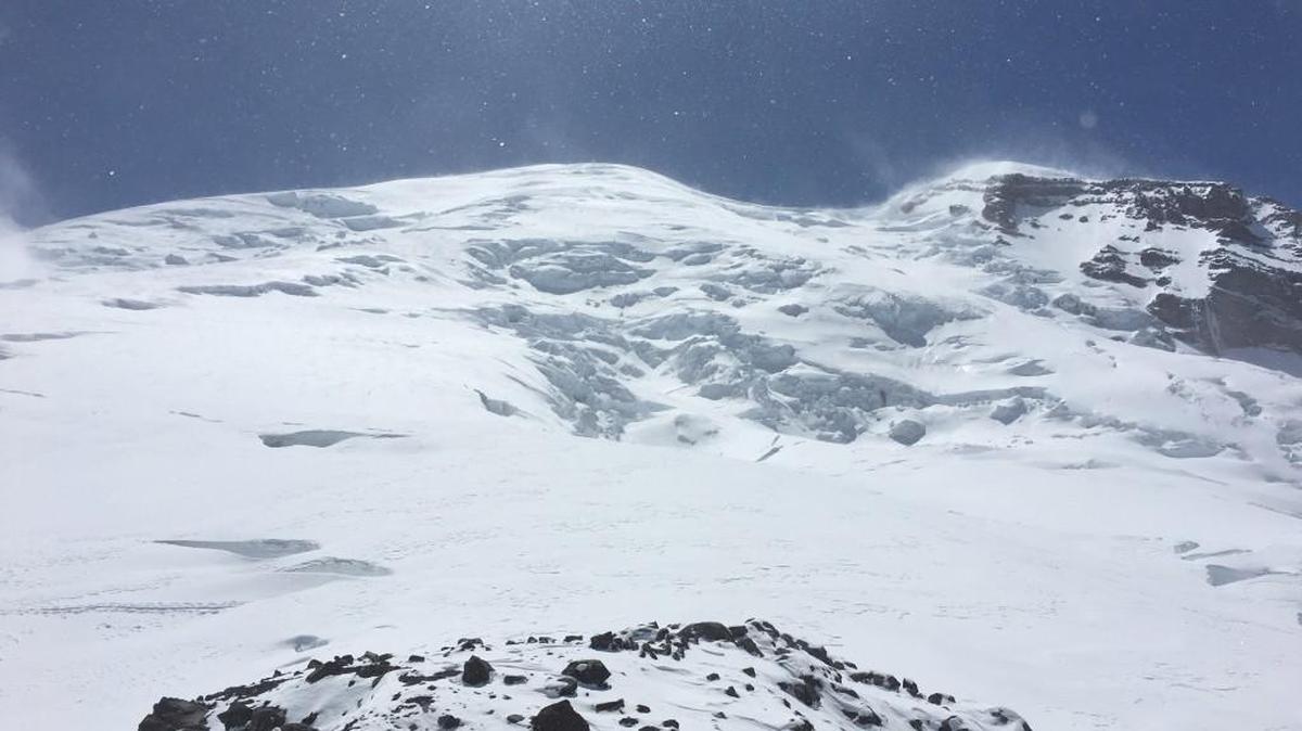 Mount Rainier National Park climbing ranger Peter Ellis took this shot of the Emmons Glacier shortly before the recent storm cycle. “You can see the winds increasing with the spindrift off the top,” he said.