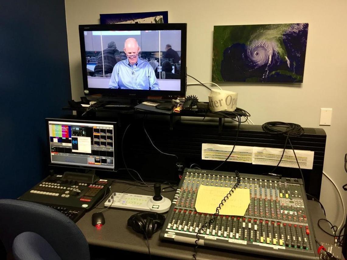 From the state Emergency Operations Center in Tallahassee, Gov. Rick Scott reviews his talking points before a four-hour stretch of TV interviews on national morning shows on Sunday, Sept. 10, 2017