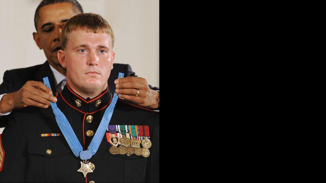 
U.S. President Barack Obama awards Dakota Meyer, a former active duty Marine Corps Corporal, the Medal of Honor, September 15, 2011. 
