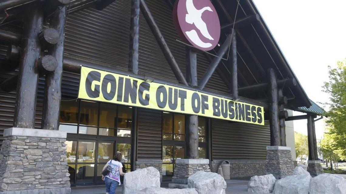 A going out of business sign hangs on the Wichita Gander Mountain on Friday evening. Gander Mountain has posted on its website that it closing all of its stores and will liquidate all of its merchandise. (May 5, 2017)