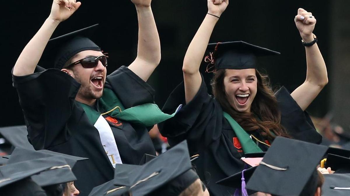Graduates celebrate during the Virginia Tech 2016 spring commencement ceremony in Blacksburg Va., Friday May 13 2016.