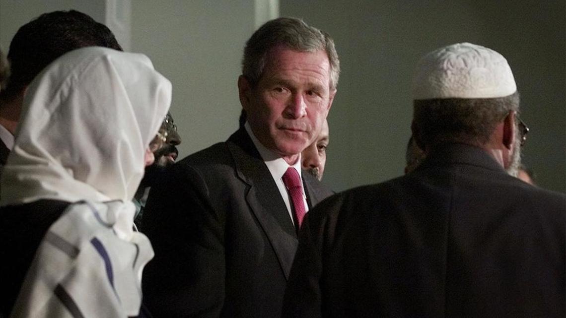 President George W. Bush meets with Muslim religious leaders during his visit to the Islamic Center of Washington, Monday, Sept. 17, 2001, to try to put an end to rising anti-Muslim sentiment in the wake of last week terrorist attacks.