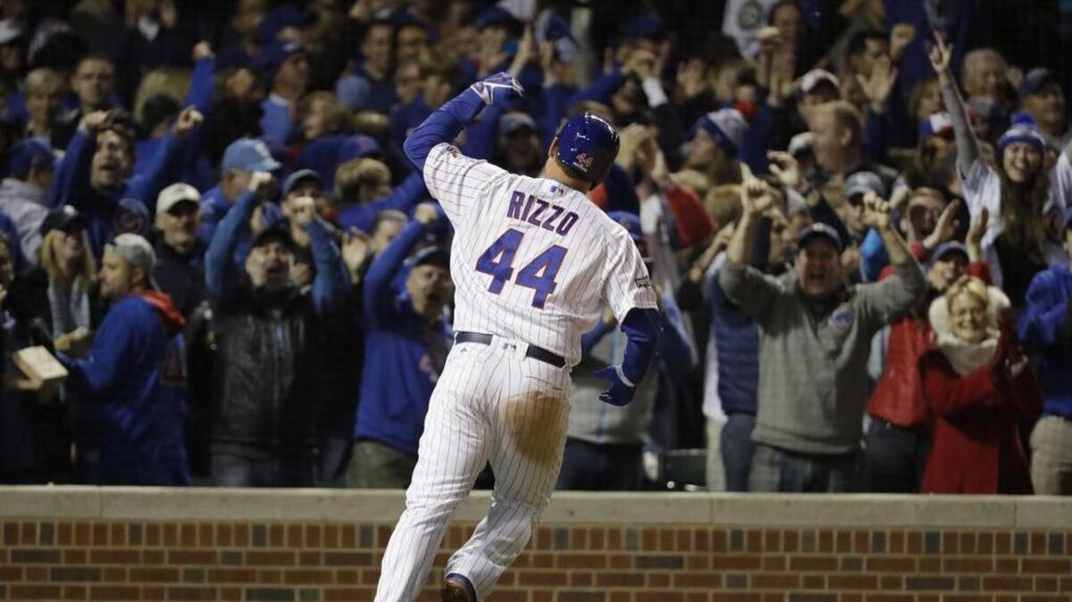 Chicago Cubs' Anthony Rizzo (44) celebrates his home run during the fifth inning of Game 6 of the National League baseball championship series against the Los Angeles Dodgers, Saturday, Oct. 22, 2016, in Chicago.