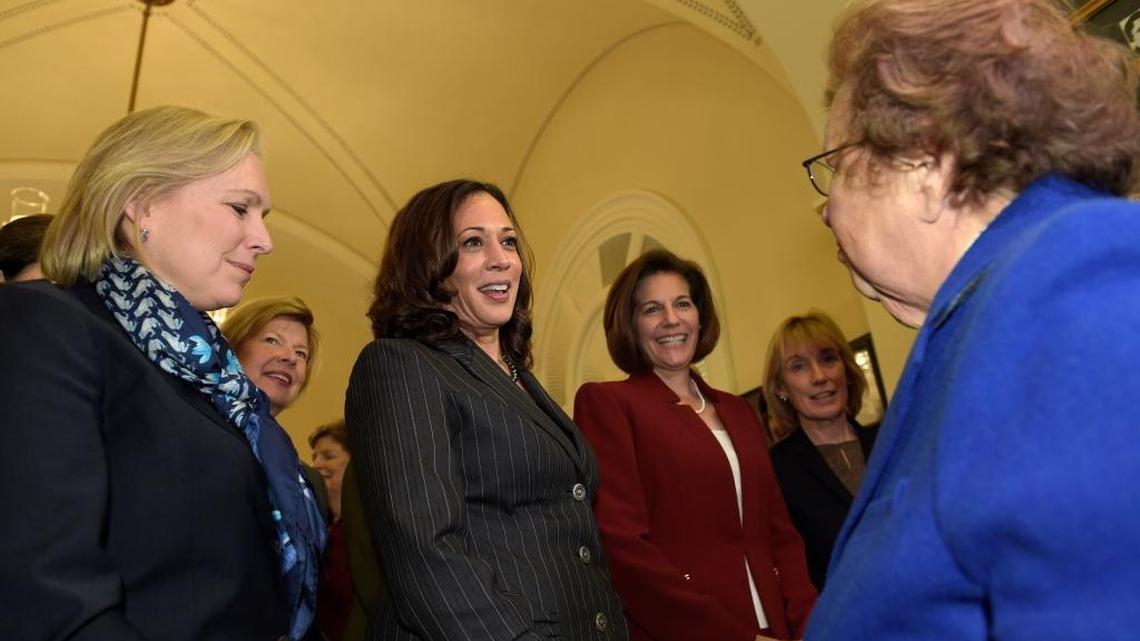 Sen.-elect Kamala Harris of California, center, meets with other senators and senators-elect during orientation. Pictured, Sen. Barbara Mikulski, D-Md., right, in blue, Sen. Kirsten Gillibrand, D-N.Y., left, Sen. Tammy Baldwin, D-Wis., Harris, Sen.-elect Catherine Cortez Masto, D-Nev., and Sen.-elect Maggie Hassan, D-N.H.