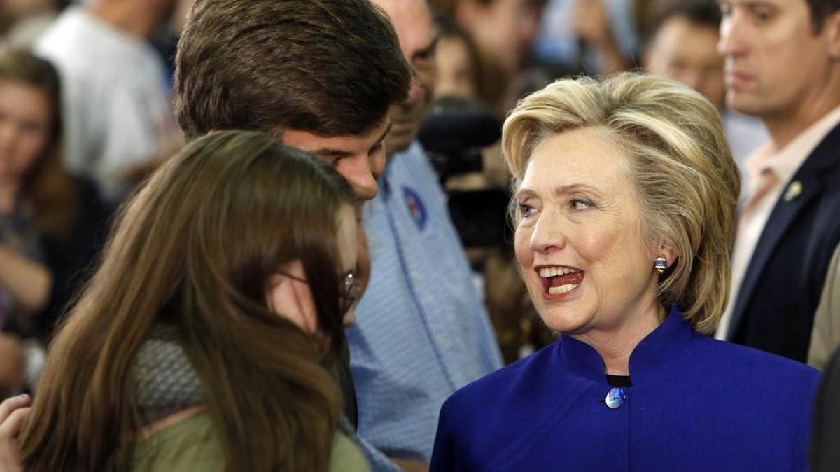 
Democratic presidential candidate Hillary Rodham Clinton meets voters during a campaign stop at River Valley Community College Tuesday, Aug. 11, 2015, in Claremont, N.H. Later in her visit to New Hampshire, she faced “Black Lives Matter” activists, who asked her about how she will engage their concerns.
