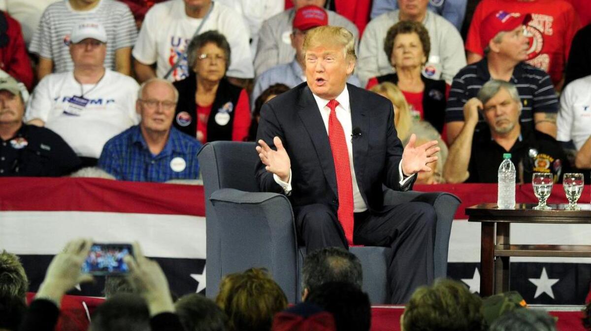 Republican presidential candidate Donald Trump speaks Saturday, Dec. 12, 2015, at the USCA Convocation Center, in Aiken, S.C.