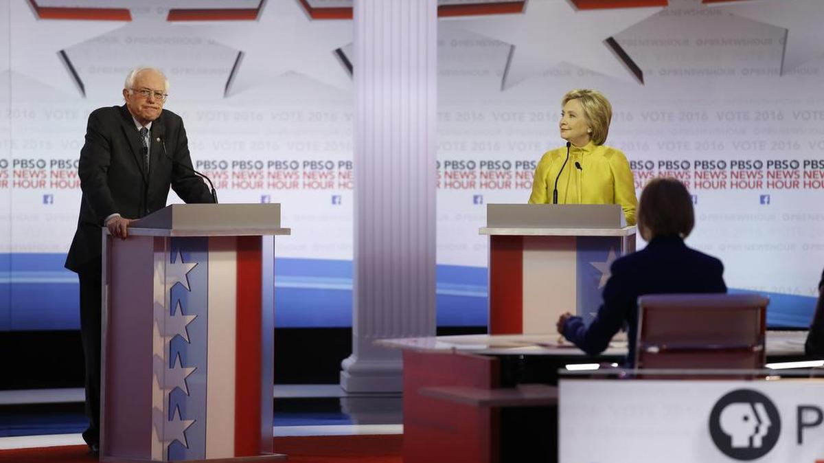 Democratic presidential candidates, Sen. Bernie Sanders, I-Vt, and former Secretary of State Hillary Clinton appear during a Democratic presidential primary debate at the University of Wisconsin-Milwaukee, Friday, Feb. 12, 2016.