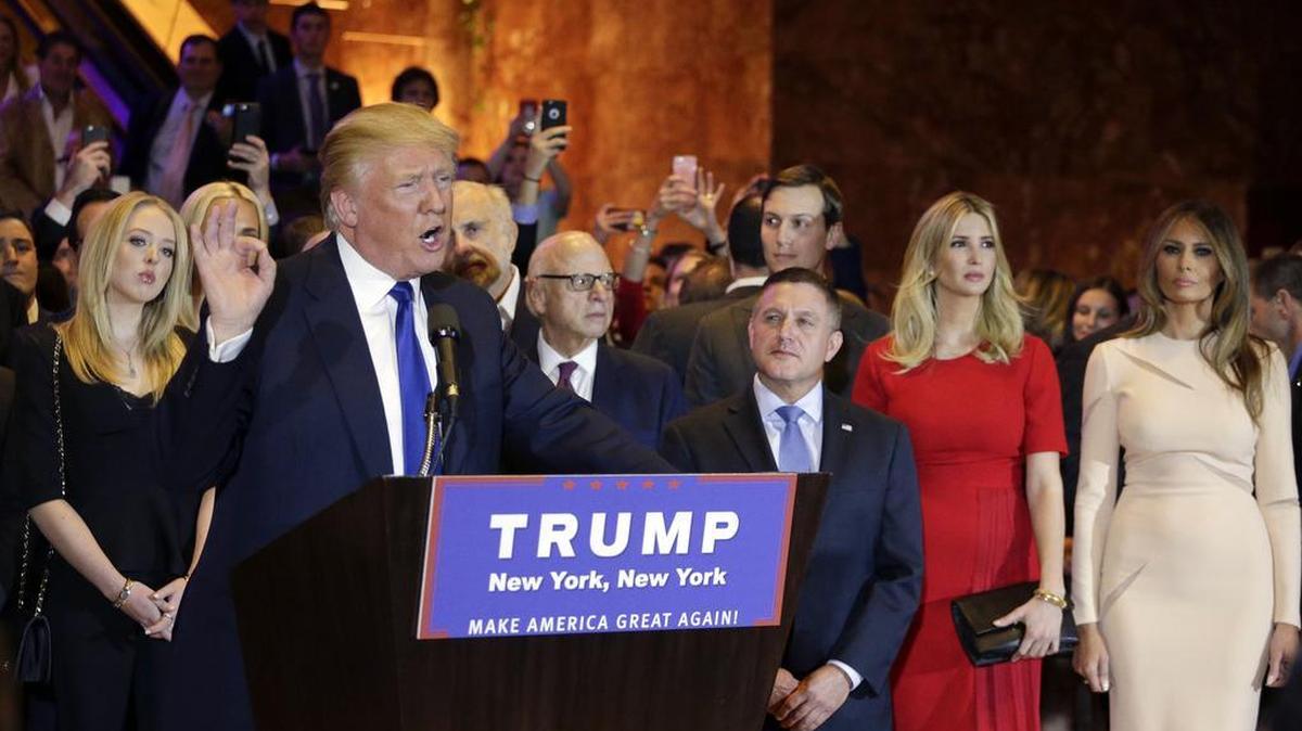 Surrounded by family and supporters, Republican presidential candidate Donald Trump speaks during a New York primary night campaign event on Tuesday, April 19, 2016, in New York.