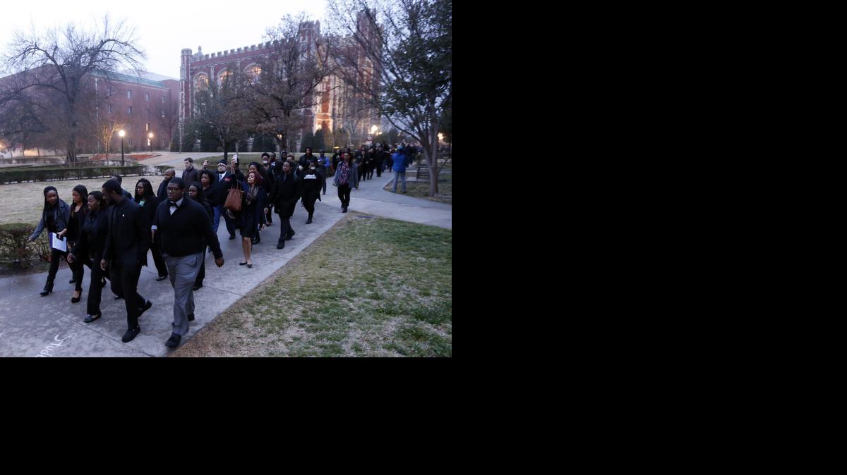 
Students at the University of Oklahoma protest a fraternity's racist comments on Monday, March 9, 2015 in Norman, Okla. University President David Boren lambasted members of Sigma Alpha Epsilon fraternity on Monday who participated in a racist chant caught on video, calling them disgraceful and their behavior reprehensible, and ordered that their house be vacated by midnight Tuesday. 

