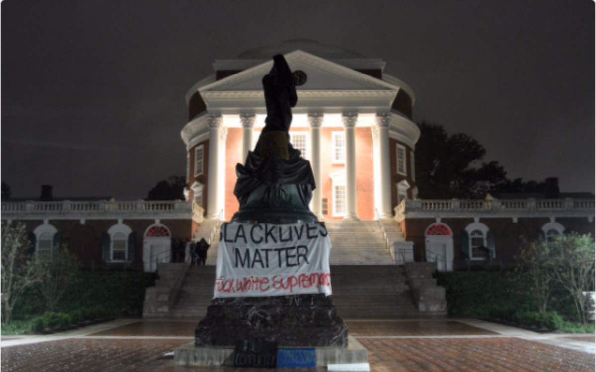 A group of 100 University of Virginia students and faculty gathered at a statue of Thomas Jefferson in Charlottesville, Va. to protest the university’s response to a white nationalist rally that rocked the campus last month.