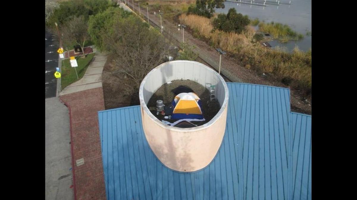Authorities found a homeless man camping on top of an Amtrak station in Antioch, Calif.