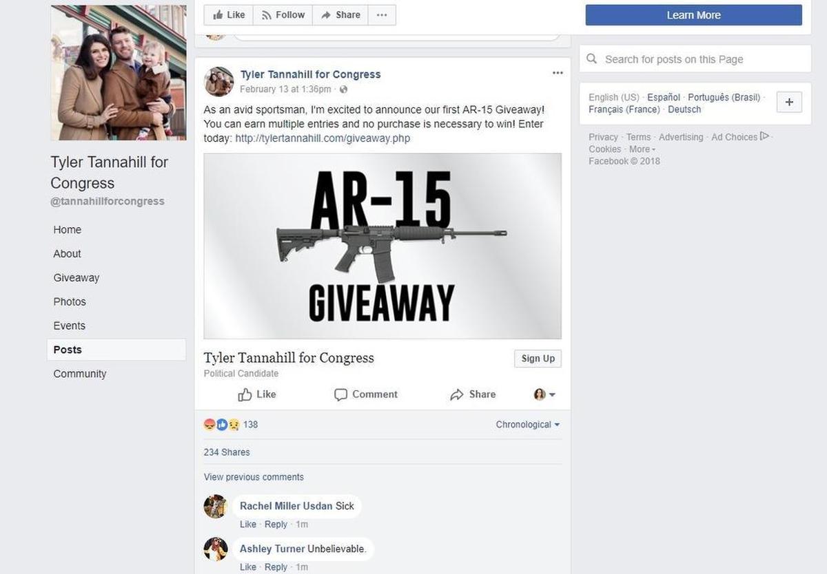 Tyler Tannahill, a Kansas congressional candidate, posted this on his campaign Facebook page on Tuesday, Feb. 13, 2018, one day before a 19-year-old former student allegedly shot down at least 17 people inside Marjory Stoneman Douglas High School in Parkland, Fla., with an AR-15.