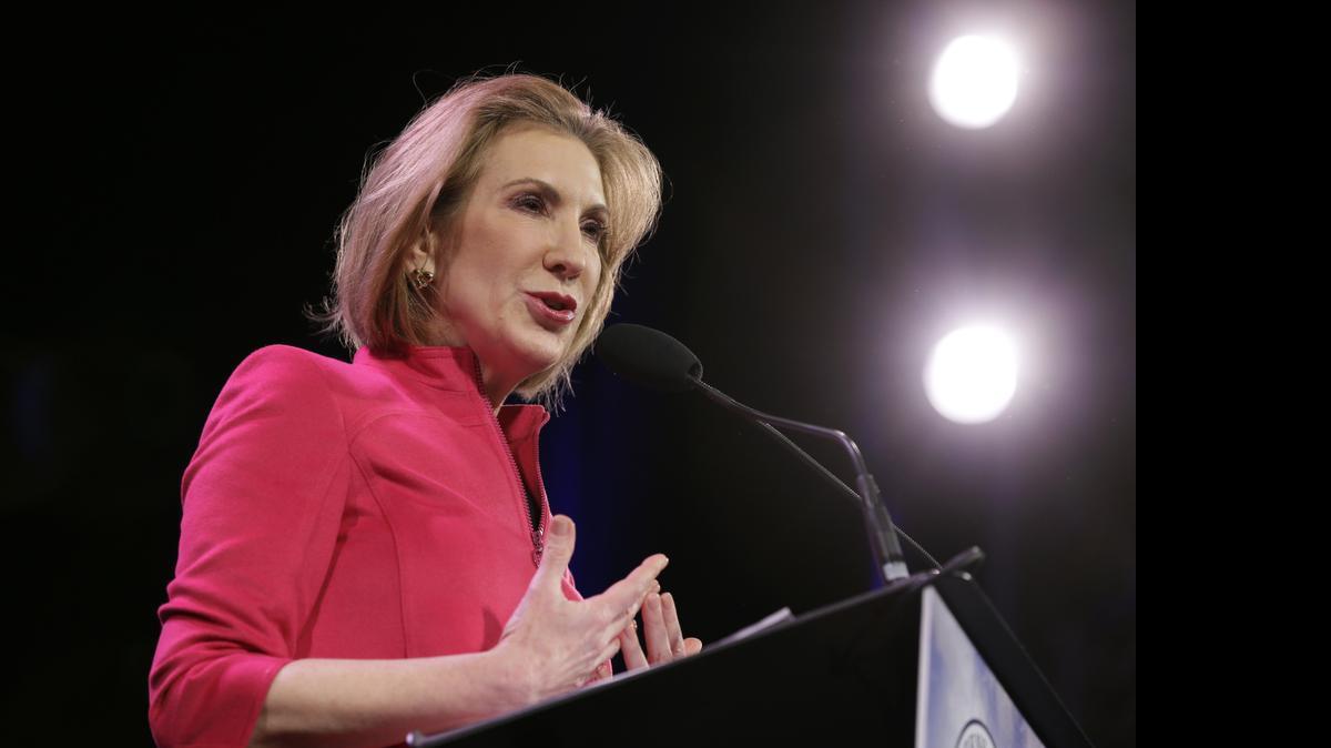 
 In this Jan. 24, 2015 file photo, Carly Fiorina speaks in Des Moines, Iowa. Fiorina, the lone Republican woman eying the White House, wants to block Hillary Rodham Clinton from playing the “gender card” in the 2016 presidential race. A former business executive with limited political experience, Fiorina argues that if Republicans nominate her, it would neutralize any advantages Democrats might get from having a woman at the top of their ticket. 
