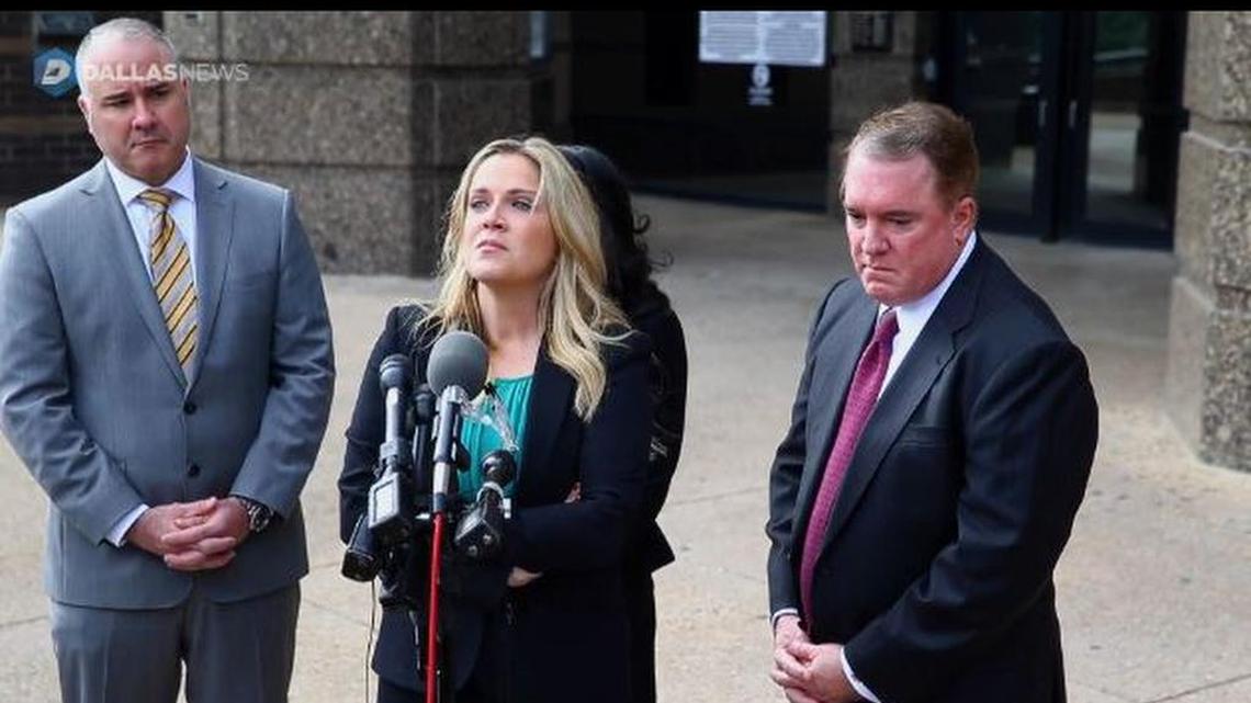Former Dallas County assistant district attorney speaks Tuesday from the steps of Dallas’ Frank Crowley Courts Building.