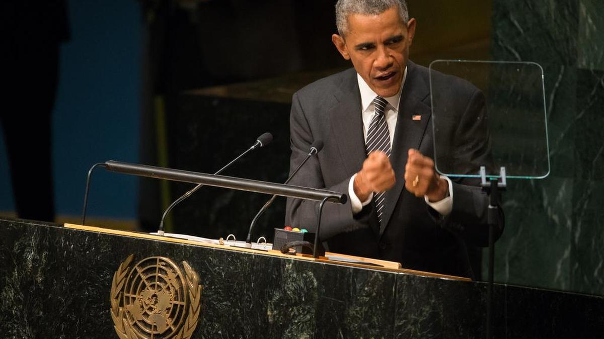 
President Barack Obama speaks at the United Nations Sustainable Development Summit on Sunday, Sept. 27, 2015, at the United Nations headquarters. The global meeting is focused on fixing some of the world’s greatest problems through a 15-year road map.
