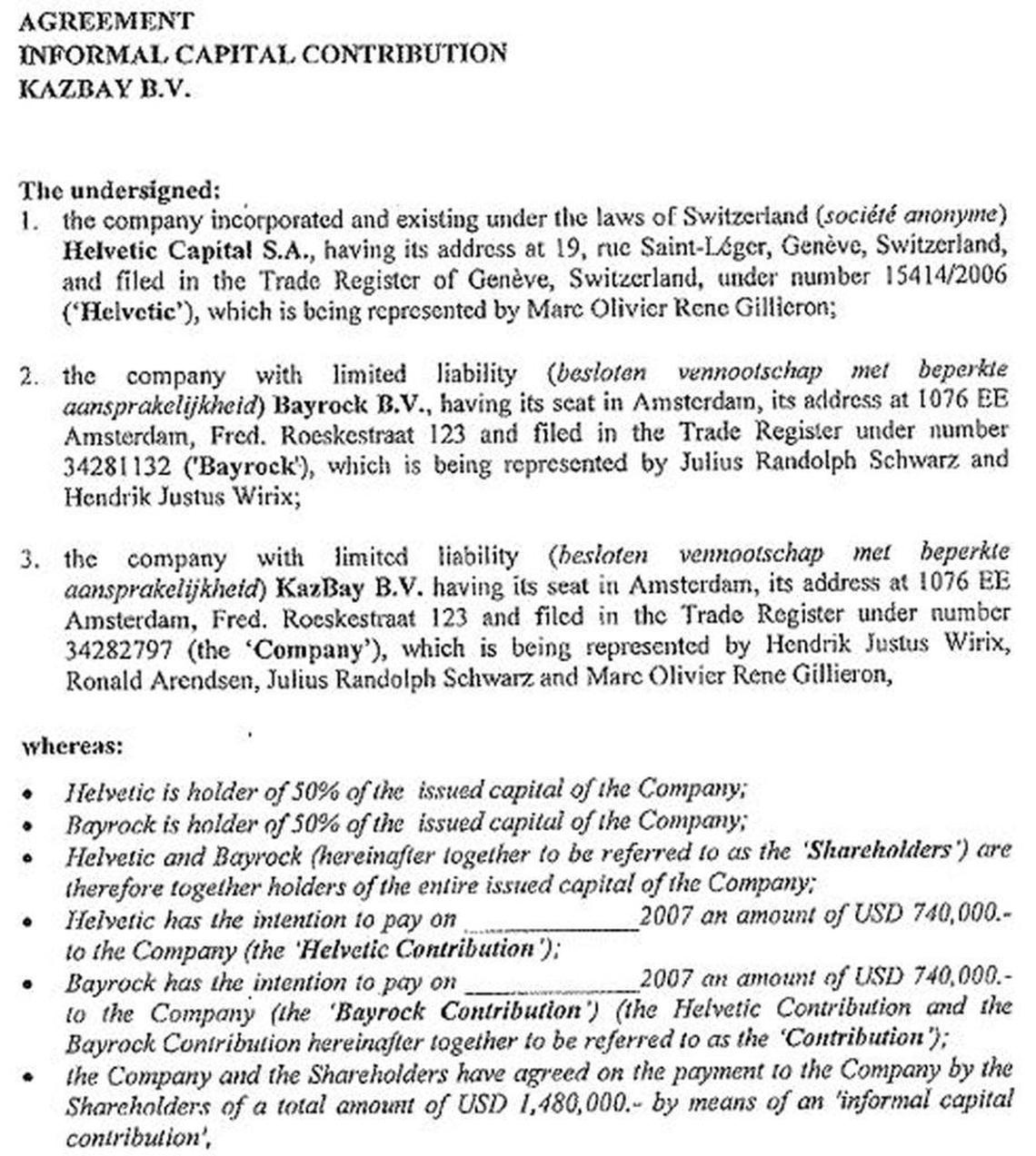 This snippet of a document from September 2007 obtained by McClatchy and reporting partners shows the ownership structure of the joint venture KazBay B.V. between a now-fugitive Kazakh family and Trump-linked developer Bayrock Group.