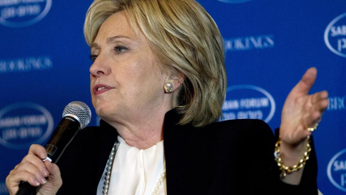 Democratic presidential candidate Hillary Clinton speaks at Saban Forum 2015 in Washington, on Sunday, Dec. 6, 2015. It was the second time in two weeks that Clinton, the front-runner for the Democratic presidential nomination, had thrown herself into the brewing battle between Silicon Valley and the government over what steps should be taken to block the use of Facebook, YouTube, Snapchat and a range of encrypted apps that are adopted by terrorist groups.